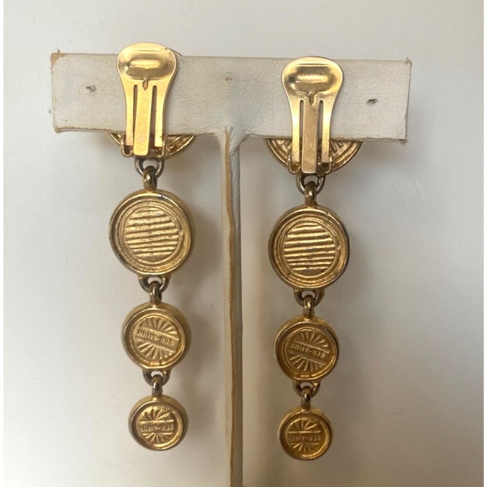 Vintage Ben Amun Clip On Dangle Earrings Amber Gold Tone Gems Regency Statement - Picture 3 of 9